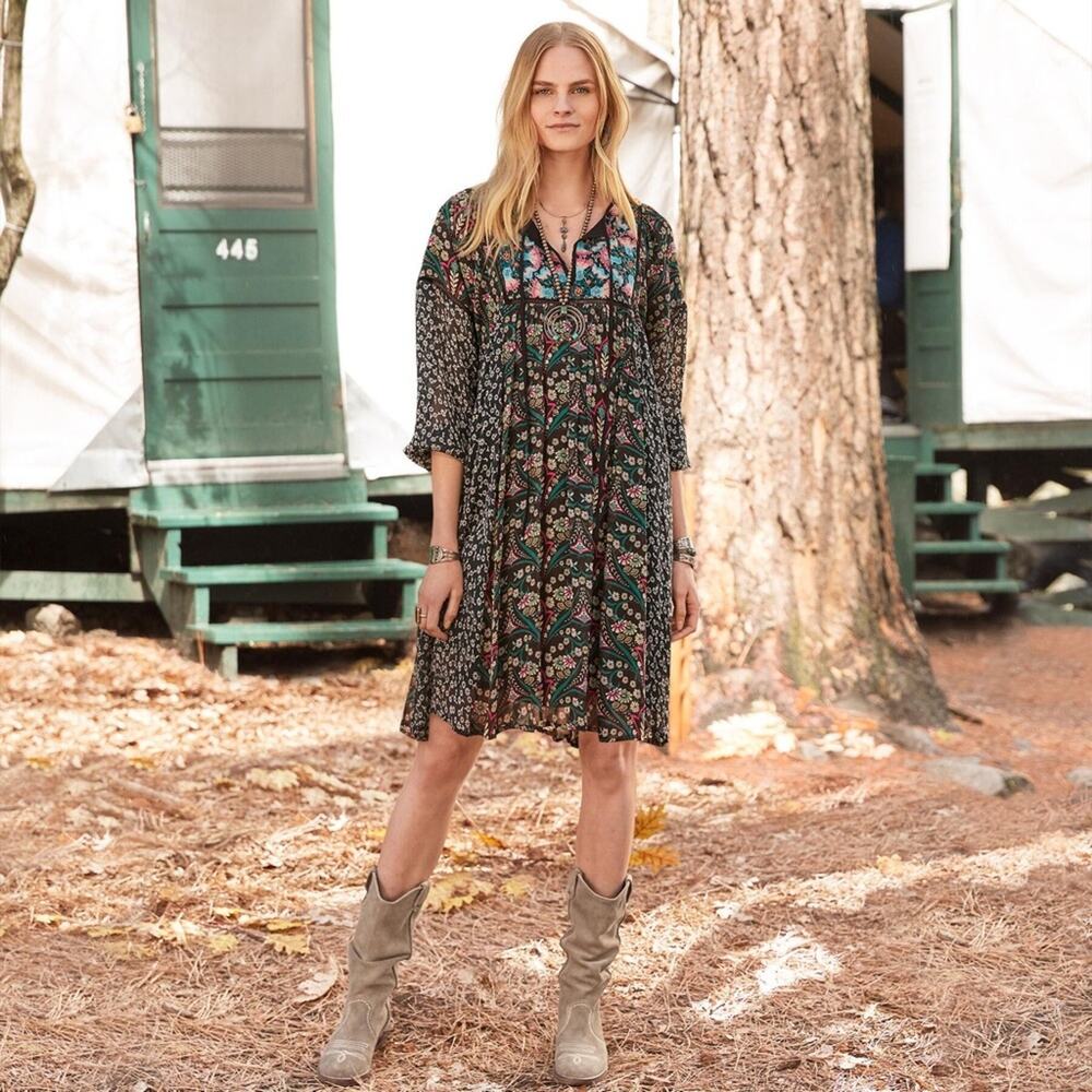Sundance Black Floral Chelsea Morning Peasant Embroidered Mini Dress Sz.S